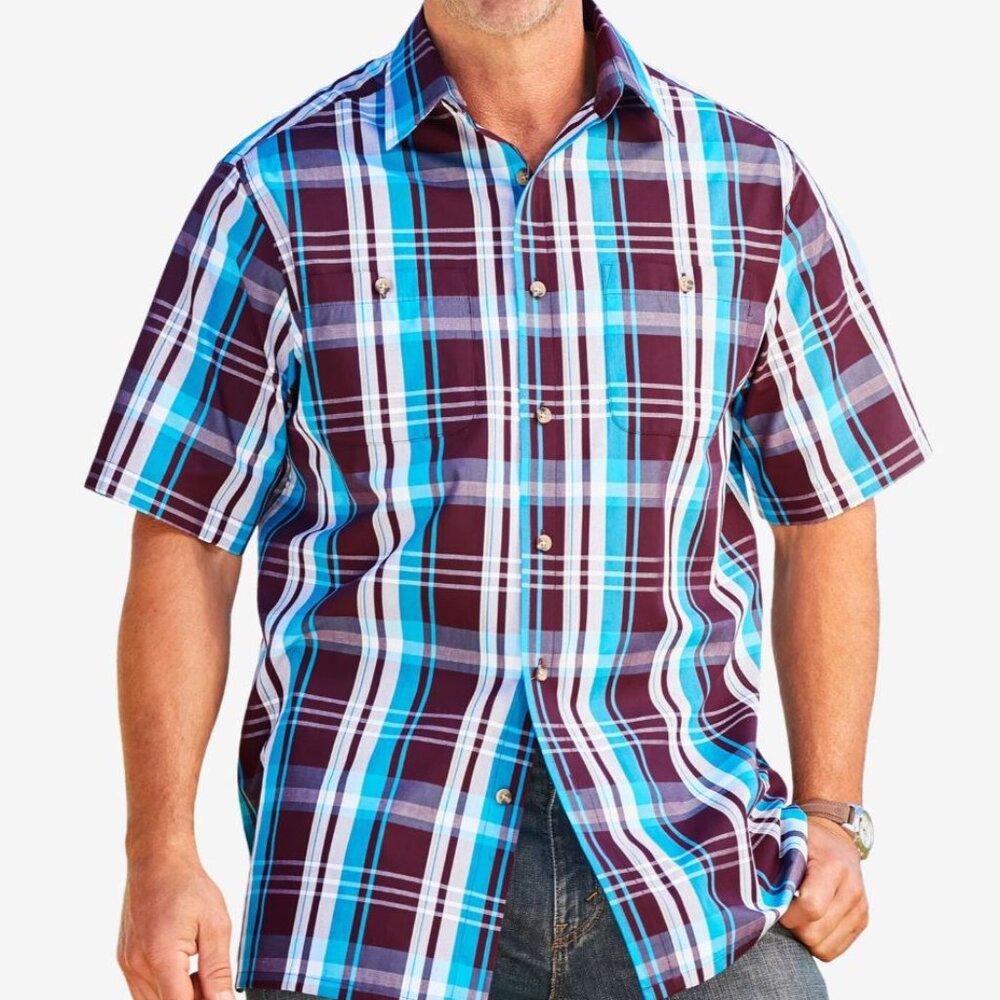 NWOT Mens  Short-Sleeve Plaid Sport Shirt by KingSize 4XL Deep Burgandy